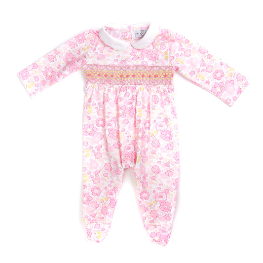 Hand smocked babygrow floral pink
